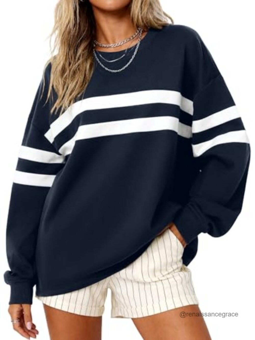 Oversized Striped Crewneck Sweatshirt Pullover Long Sleeve Tunic